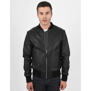 Men’s Bomber Black Leather Jacket - Luxurena Leather