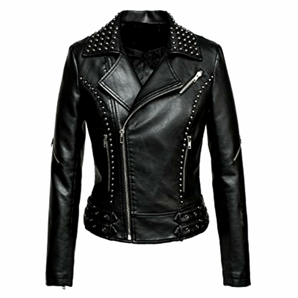 Women s Black Motor biker Genuine Leather Jacket With Silver Studs Sli