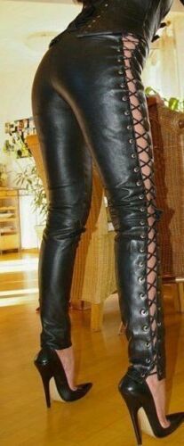 Women's Laces Up Women Sexy Slim Fit Genuine Leather Pants