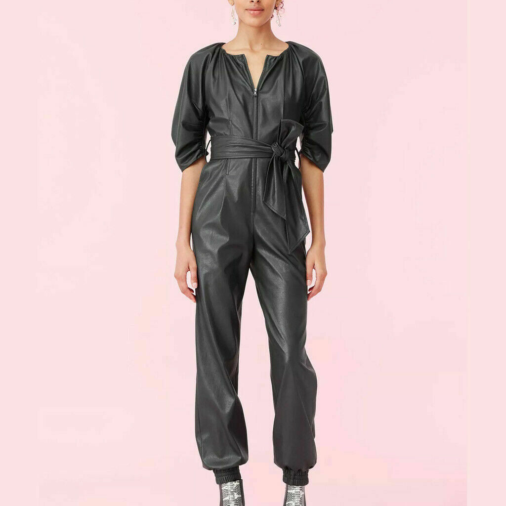 Women Genuine Leather Jumpsuit Black Real Leather Romper Belted Stylis