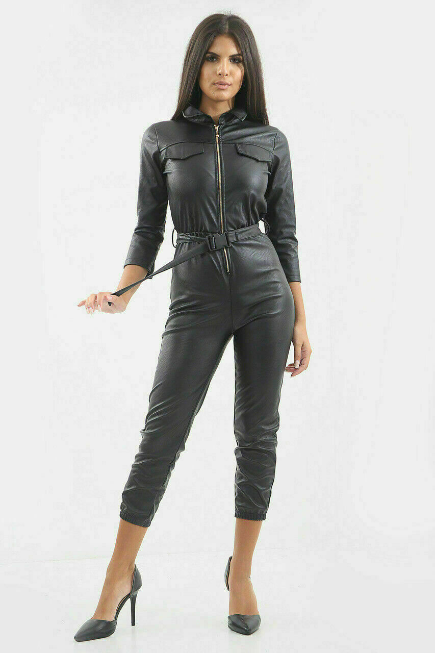 Womens Real Leather one piece New Jumpsuit Catsuit party wear stylish