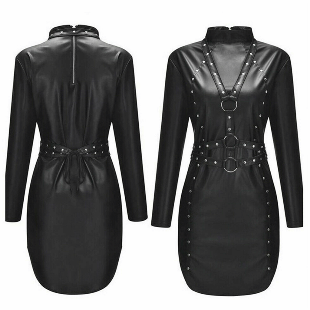 Women's Real Leather women Dress Long Sleeves Rivets Straps Leather Bodycon Dress Women's Real Leather women Dress Long Sleeves Rivets Straps Leather Bodycon Dress