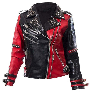 Harley Quinn Jacket Heartless Asylum Studded Biker Black & Red Leather Jacket - Luxurena Leather