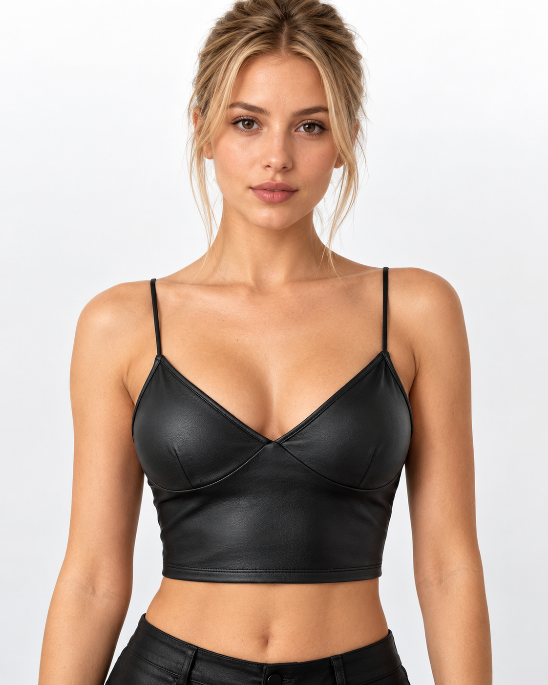 Women's Black Genuine Leather Crop Cami Top - V-Neck Clubwear