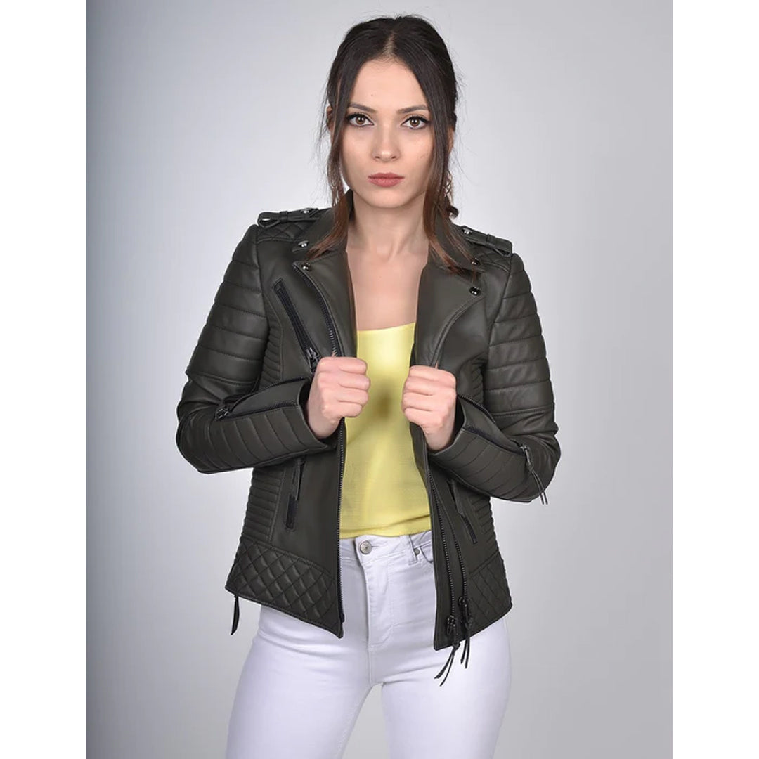 Women`s Green Biker Leather Jacket