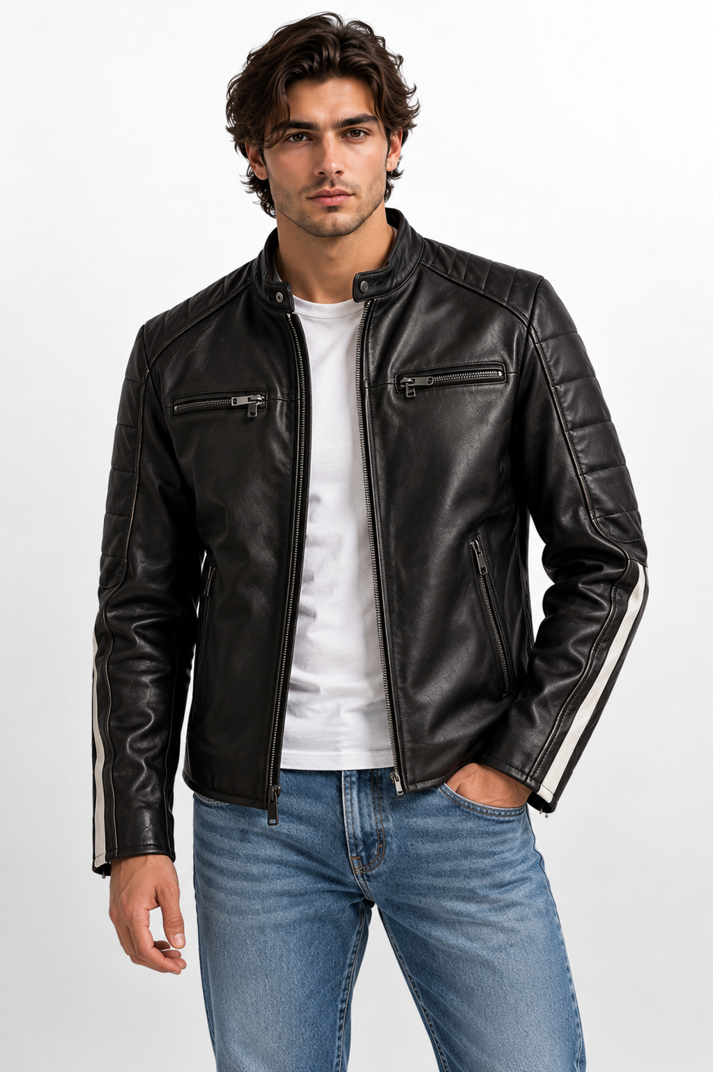 Men's Genuine Black Leather Racer Jacket with Striped Sleeves