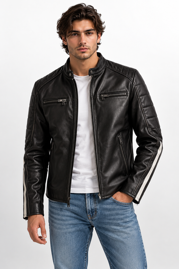 Men's Genuine Black Leather Racer Jacket with Striped Sleeves