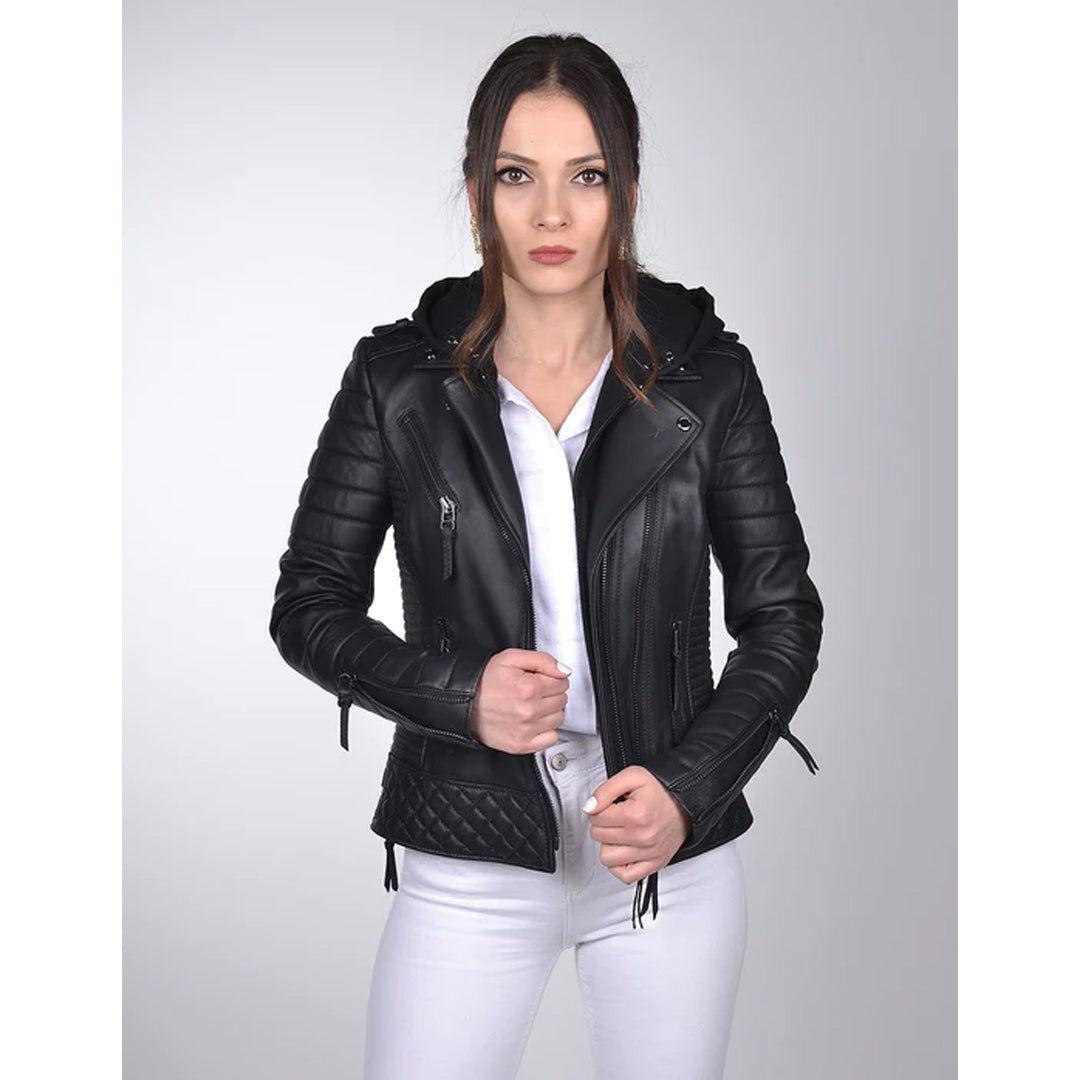 Women's Hooded Black Biker Leather Jacket