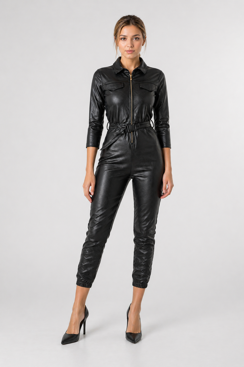 Women's Black Genuine Leather Catsuit Jumpsuit - Belted High-Neck Statement Party Wear - Luxurena Leather