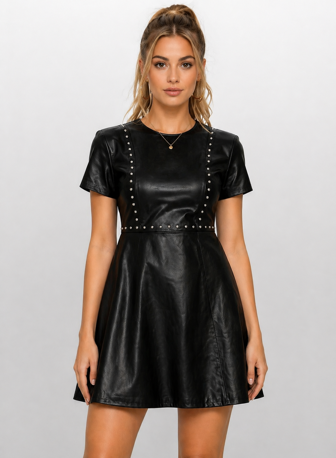 Women's Black Genuine Leather Studded Mini Dress - Fit & Flare Silhouette - Luxurena Leather