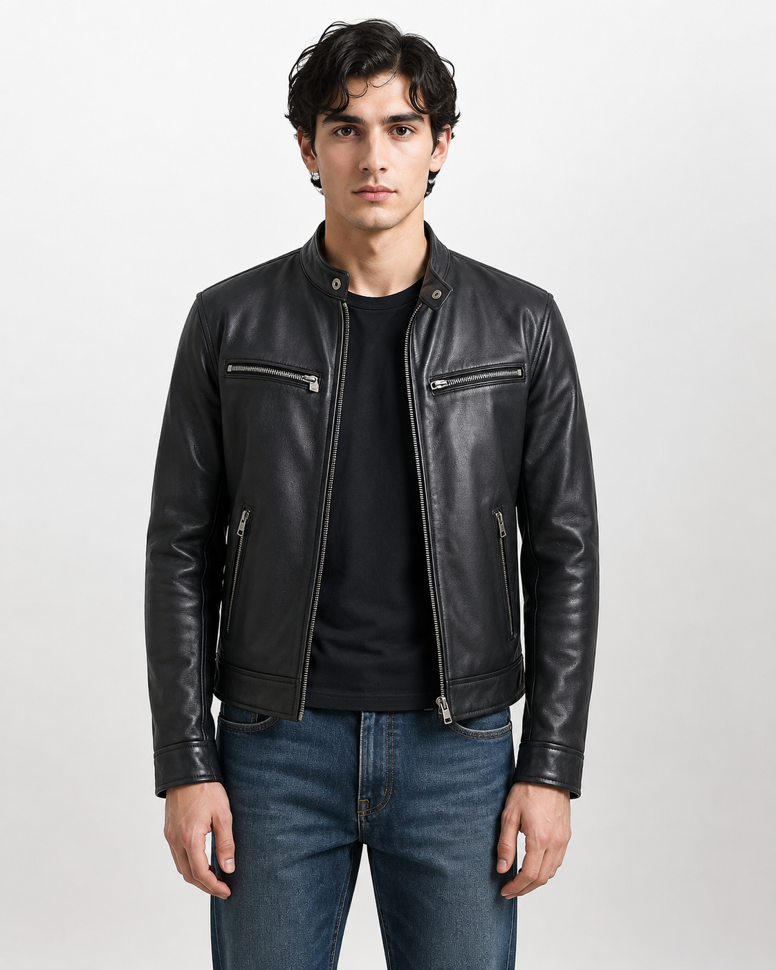 Men's Black Cow Leather Cafe Racer Jacket - Classic Biker Style