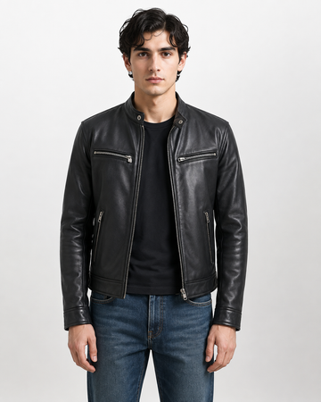 Men's Black Cow Leather Cafe Racer Jacket - Classic Biker Style