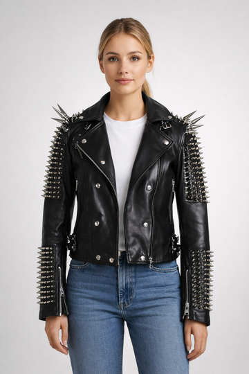 Women's Black Genuine Leather Spike Studded Cropped Jacket - Punk Style Clubwear