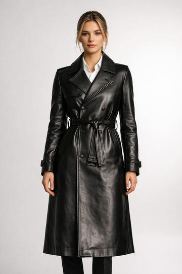 Women's Black Genuine Leather Belted Trench Coat - Classic Long Luxury Coat