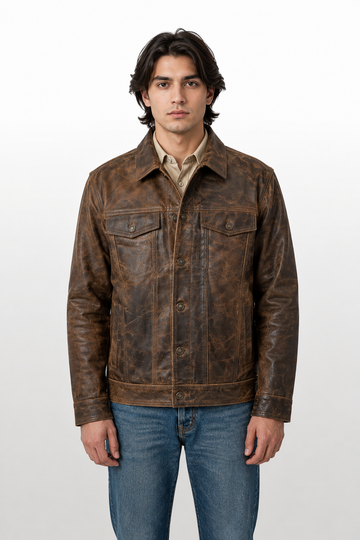 Men's Distressed Brown Full-Grain Cow Leather Trucker Jacket with Antique Brass Buttons