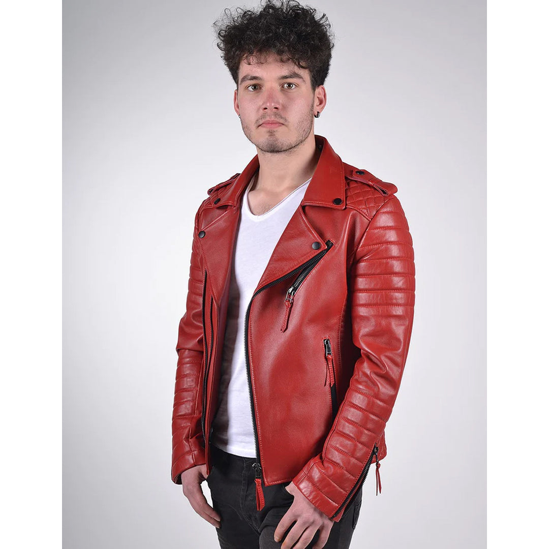 Men`s Red Biker Leather Jacket