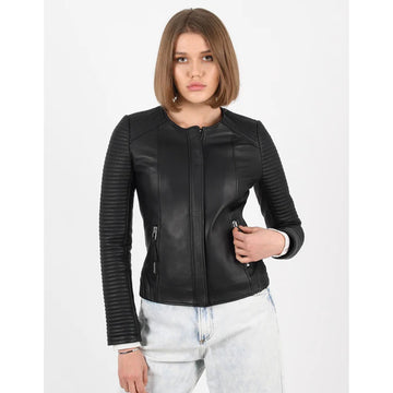 Women's Black Collarless Fitted Leather Jacket