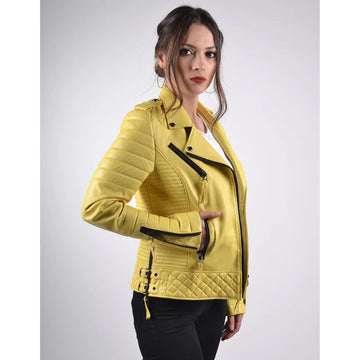 Women`s Yellow Biker Leather Jacket