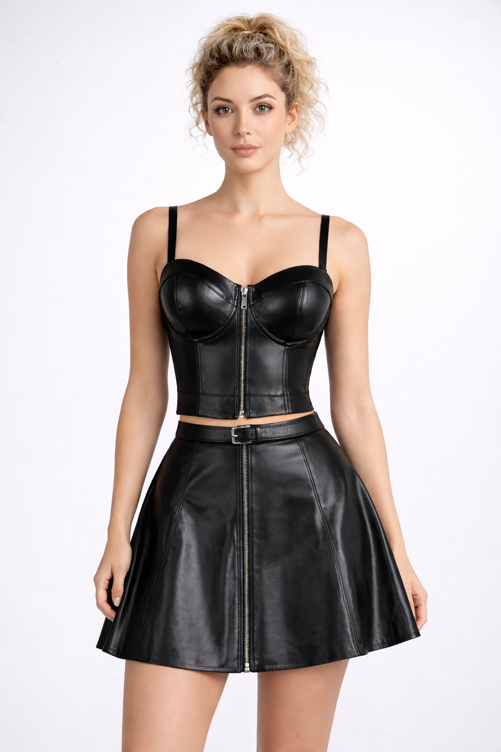 Women's Black Genuine Leather Corset Bustier Front Zipper Crop Top & Flared Skirt Set