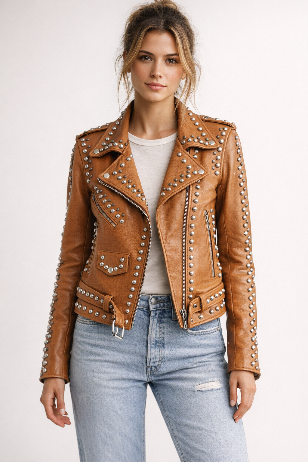 Women's Brown Genuine Leather Western Dome Studded Biker Jacket - Luxurena Leather