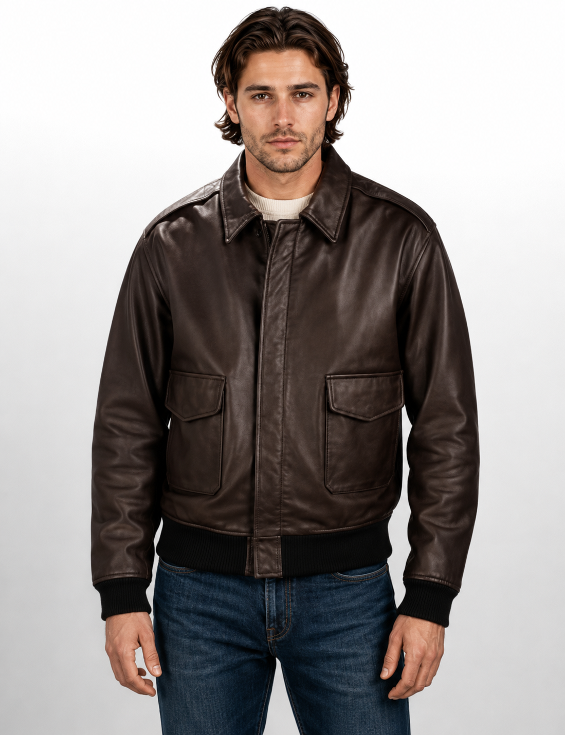 Men’s A-2 Pilot Genuine Cowhide Leather Bomber Jacket - Vintage Brown