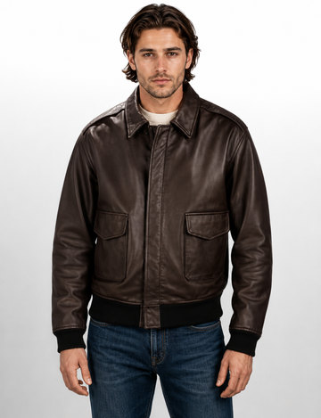 Men’s A-2 Pilot Genuine Cowhide Leather Bomber Jacket - Vintage Brown