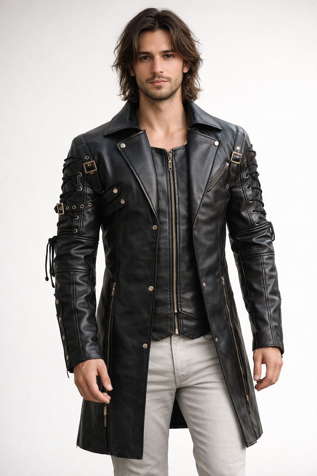 Men's Black Genuine Leather Van Helsing Steampunk Trench Coat - Premium Gothic Long Coat - Luxurena Leather