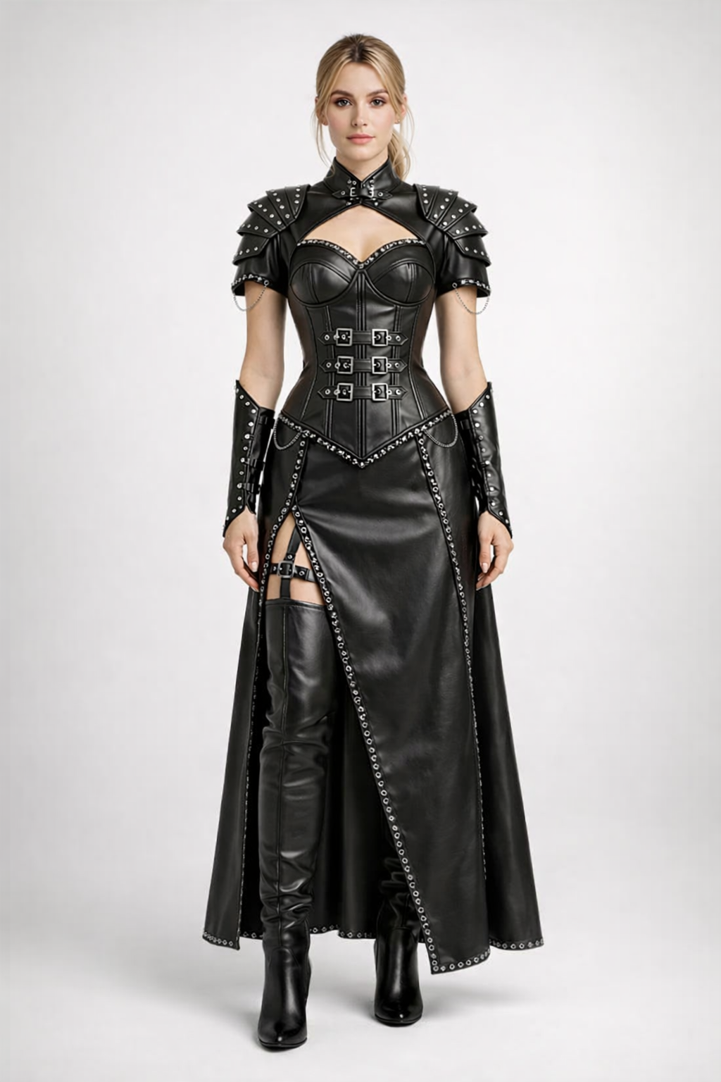 Women's Black Genuine Leather Gothic Corset Dress - Studded Armor Cosplay Costume