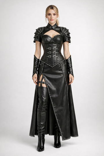 Women's Black Genuine Leather Gothic Corset Dress - Studded Armor Cosplay Costume