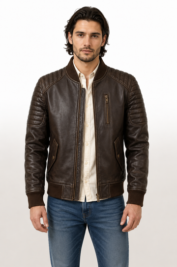 Men's Vintage Brown Genuine Leather Aviator Bomber Jacket with Quilted Shoulders