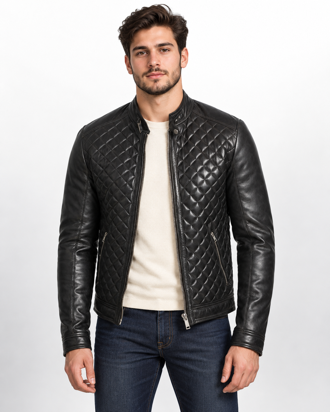 Men's Black Leather Cafe Racer Jacket - Quilted Motorcycle Bomber