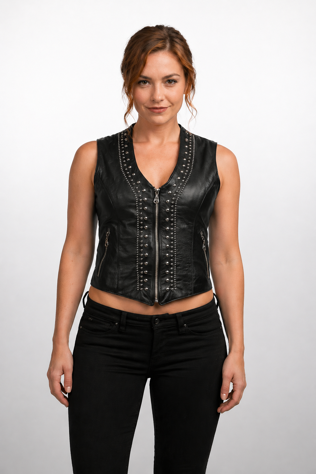 Women's Black Genuine Leather Studded Motorbike Vest - Front Zip, Fully Lined - Luxurena Leather