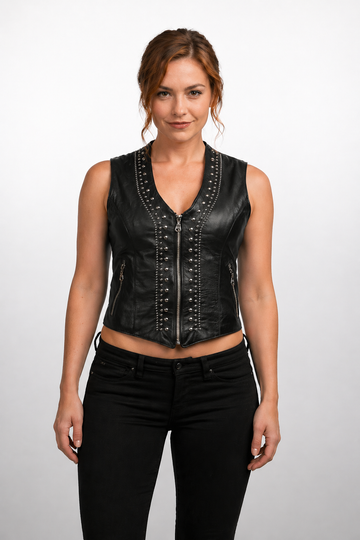 Women's Black Genuine Leather Studded Motorbike Vest - Front Zip, Fully Lined - Luxurena Leather