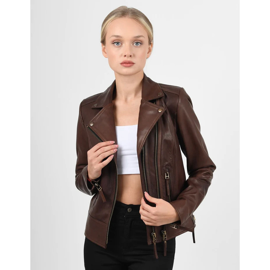 Women’s Vax Brown Classic Biker Leather Jacket - Luxurena Leather