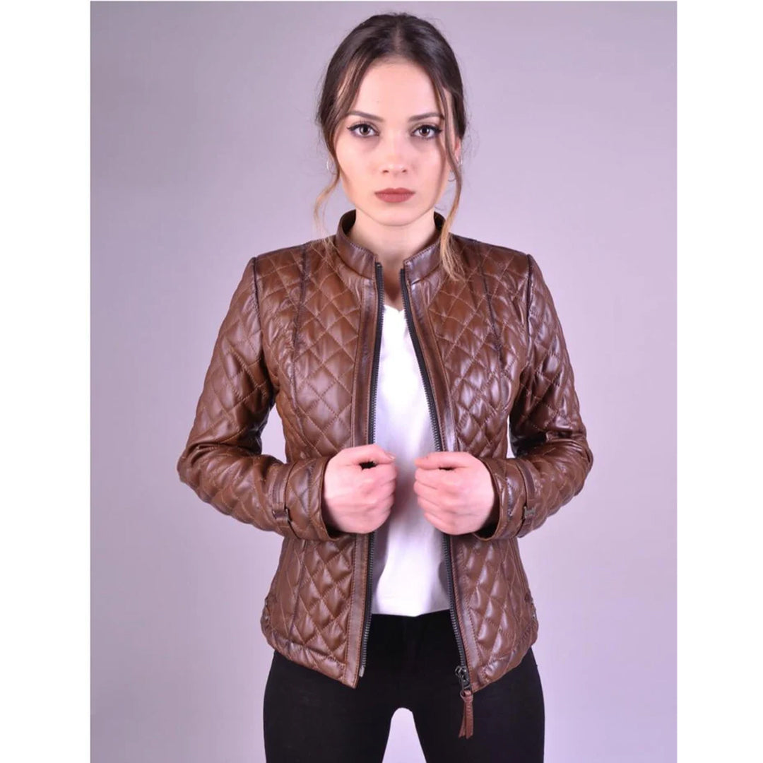 Women`s Shade Brown Quilted Leather Jacket