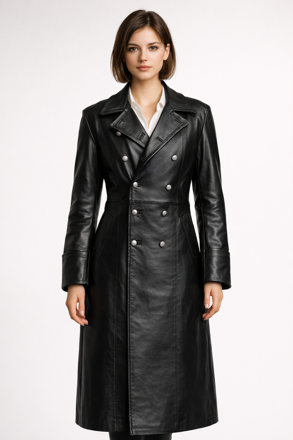 Women's Black Genuine Leather WW2 German Officer Trench Coat - Classic Military Long Coat