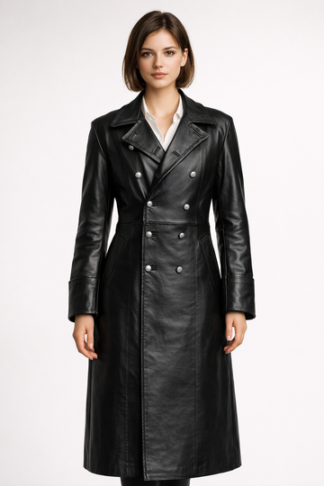 Women's Black Genuine Leather WW2 German Officer Trench Coat - Classic Military Long Coat