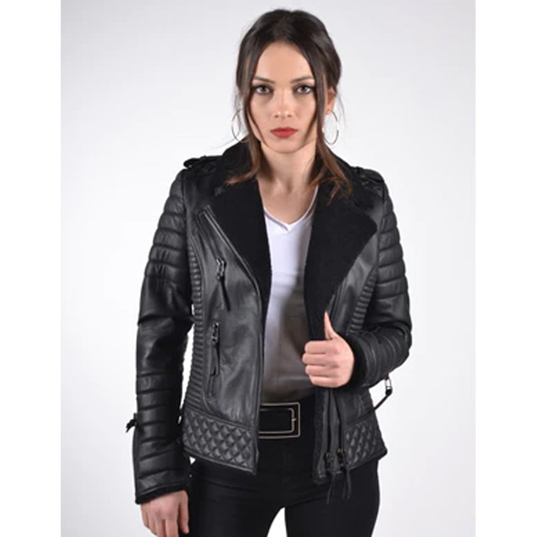 Women's Shearling Black Leather Biker Jacket