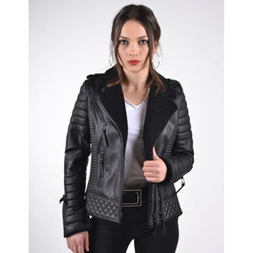 Women's Shearling Black Leather Biker Jacket