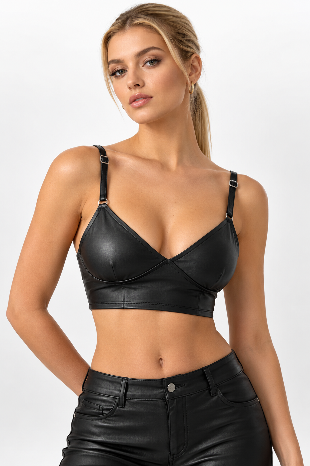 Women's Black Genuine Leather Crop Top with Adjustable Straps - V-Neck Clubwear Bralette