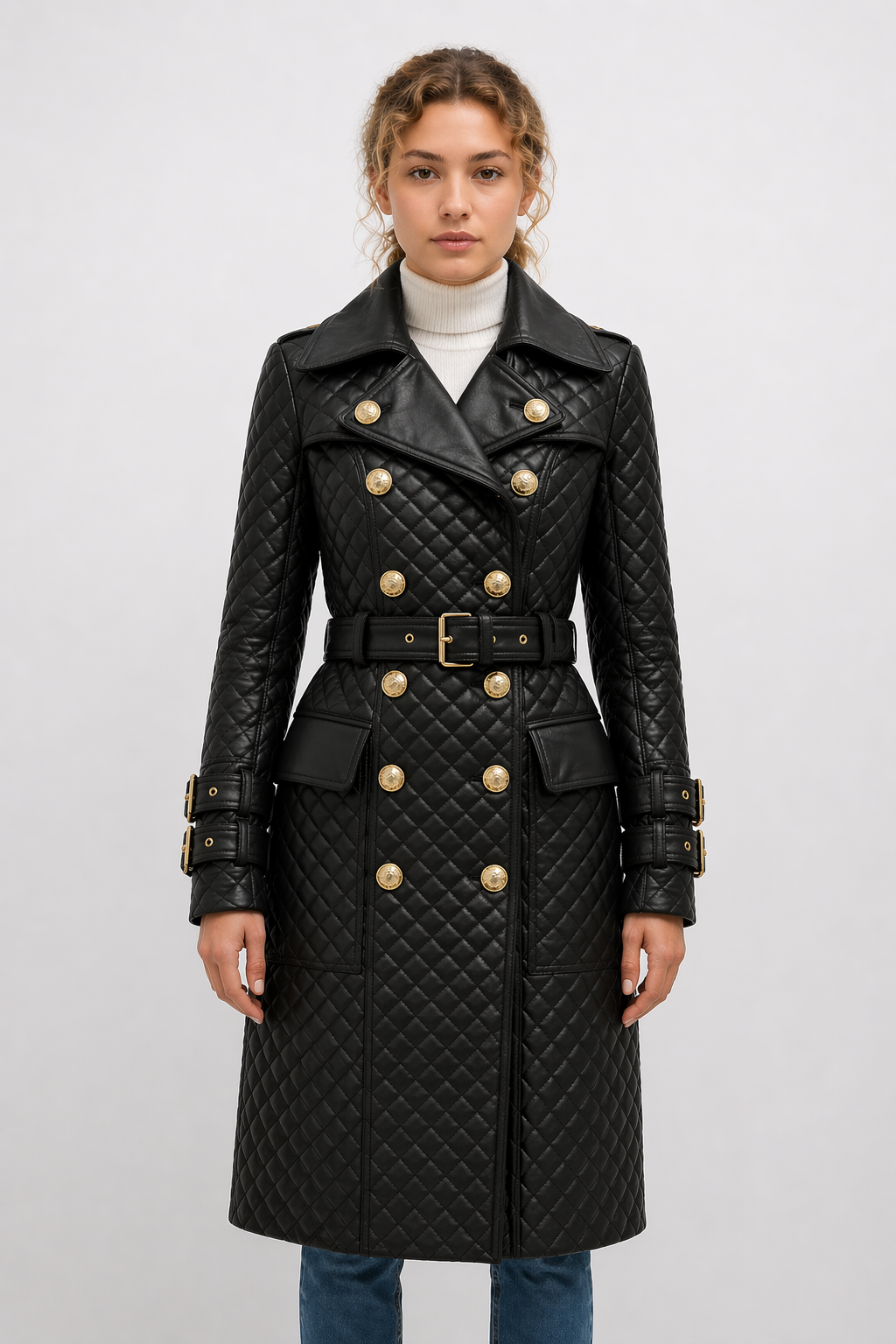 Women's Black Genuine Leather Quilted Double-Breasted Trench Coat - Belted Luxury Fit - Luxurena Leather