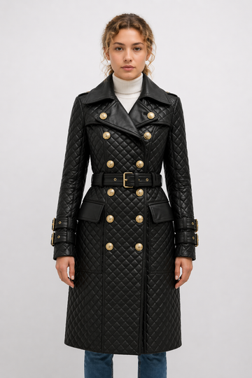Women's Black Genuine Leather Quilted Double-Breasted Trench Coat - Belted Luxury Fit - Luxurena Leather