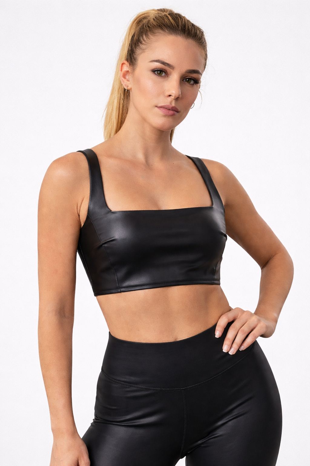 Women's Black Genuine Leather Square Neck Crop Bra Top - Minimalist Structured Fit