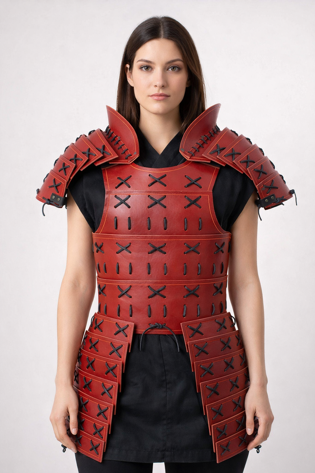 Women's Red & White Genuine Leather Samurai Armor Set - Detachable Pauldrons & Thigh Tassets Cosplay Costume