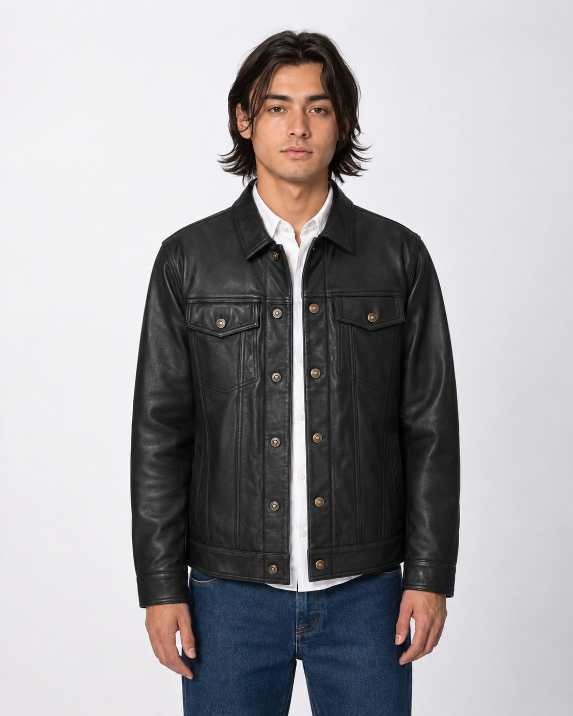 Men's Western Black Full-Grain Cowhide Leather Trucker Jacket