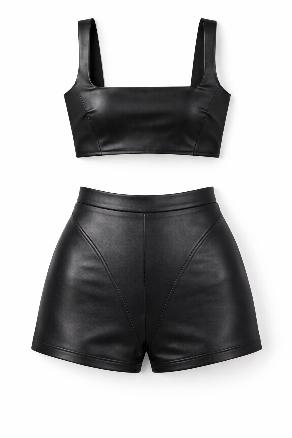 Women's Black Genuine Leather Crop Bra Top & High-Waisted Shorts Set - Sleek Minimalist - Luxurena Leather