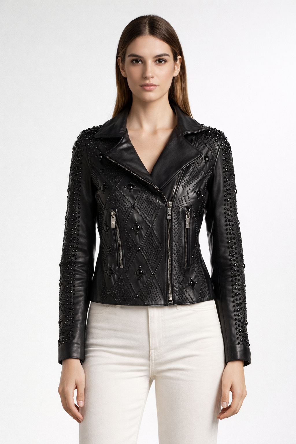 Women's Black Genuine Leather Tonal Full Studded Jacket - Slim Fit Luxury Biker Style - Luxurena Leather