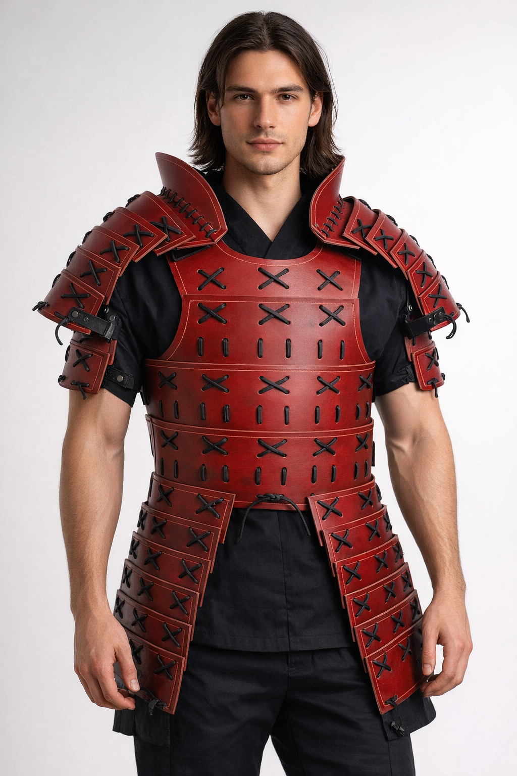 Men's Genuine Leather Medieval Samurai Armor Red and White With Detachable Shoulder Pauldrons & Thigh Armor Tassets For Halloween Theme Cosplay Costume - Luxurena Leather