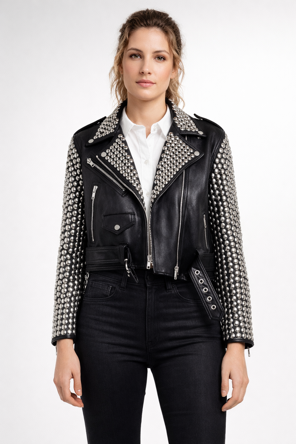 Women's Black Genuine Leather Studded Biker Jacket - Premium Silver Studded Luxury Fit - Luxurena Leather