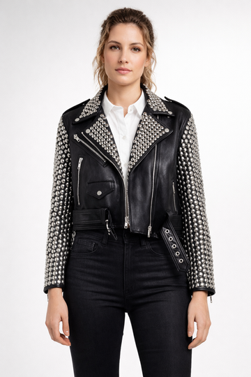 Women's Black Genuine Leather Studded Biker Jacket - Premium Silver Studded Luxury Fit - Luxurena Leather